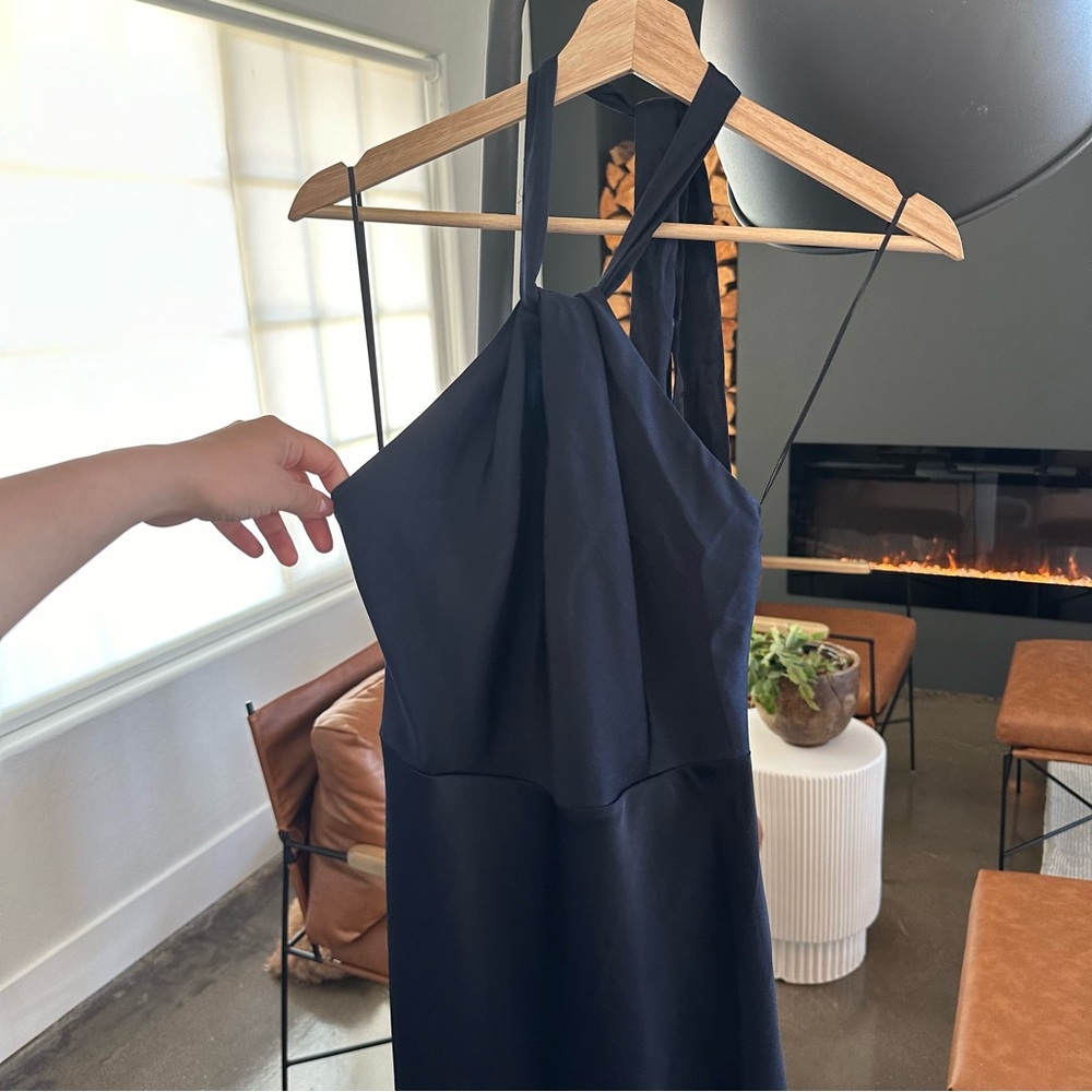 Deep navy silk like halter dress
